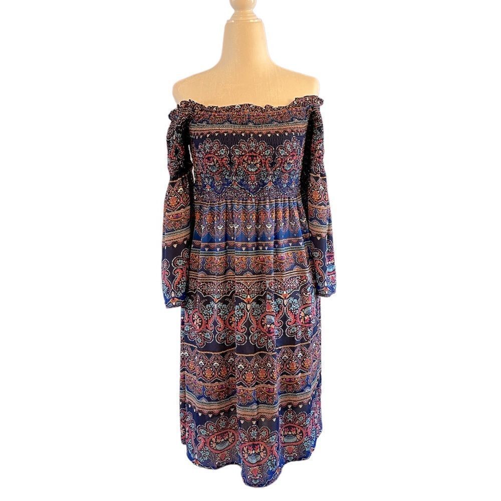 Nicole by Nicole Miller Paisley Print Smocked Off the Shoulder Mini Dress | SZ 6